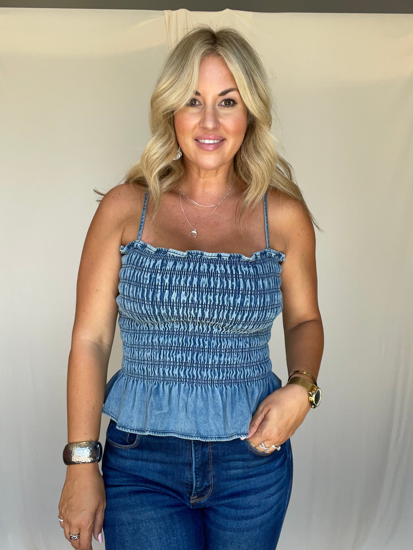 Sage Smocked Denim Top