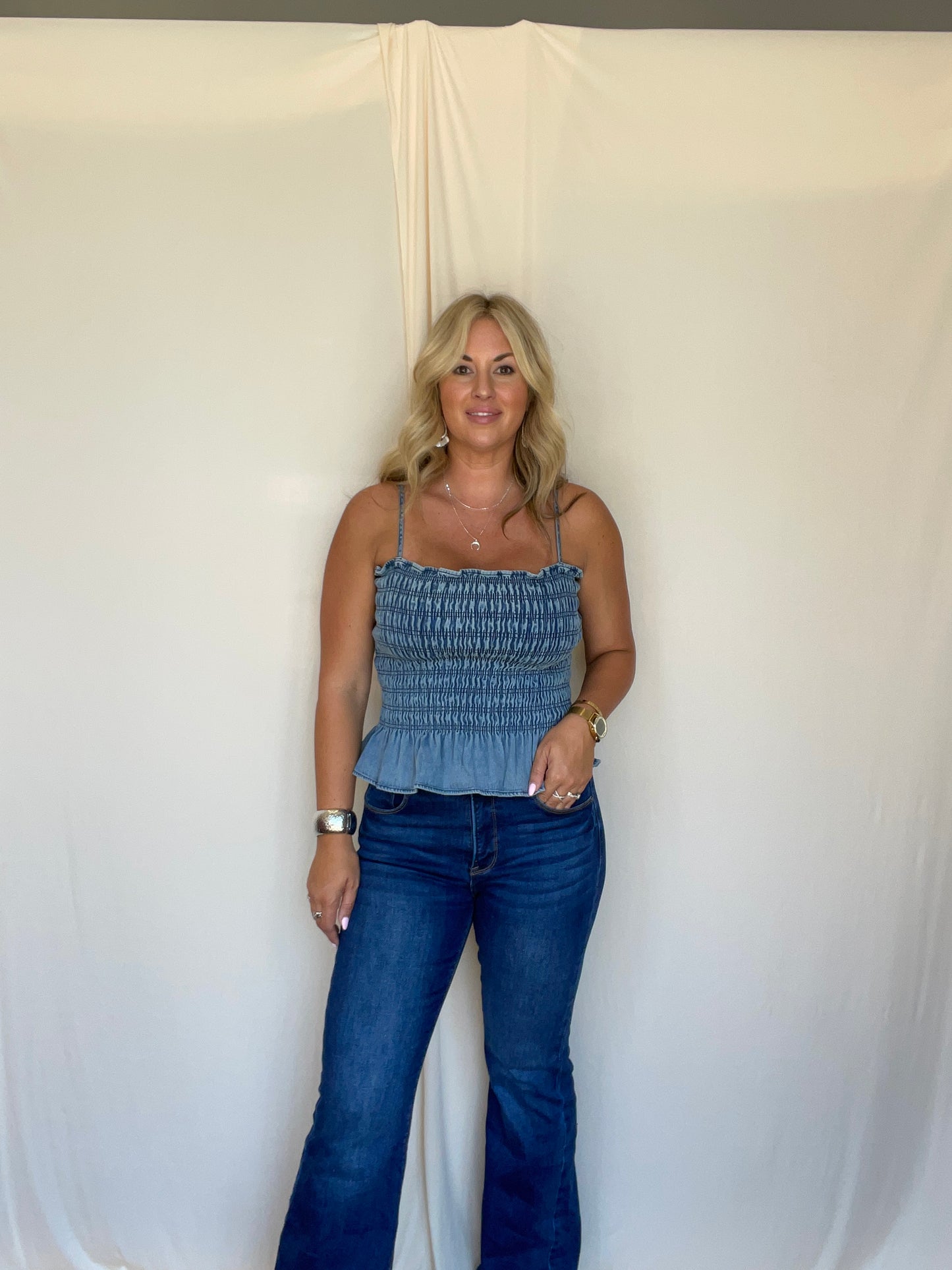 Sage Smocked Denim Top