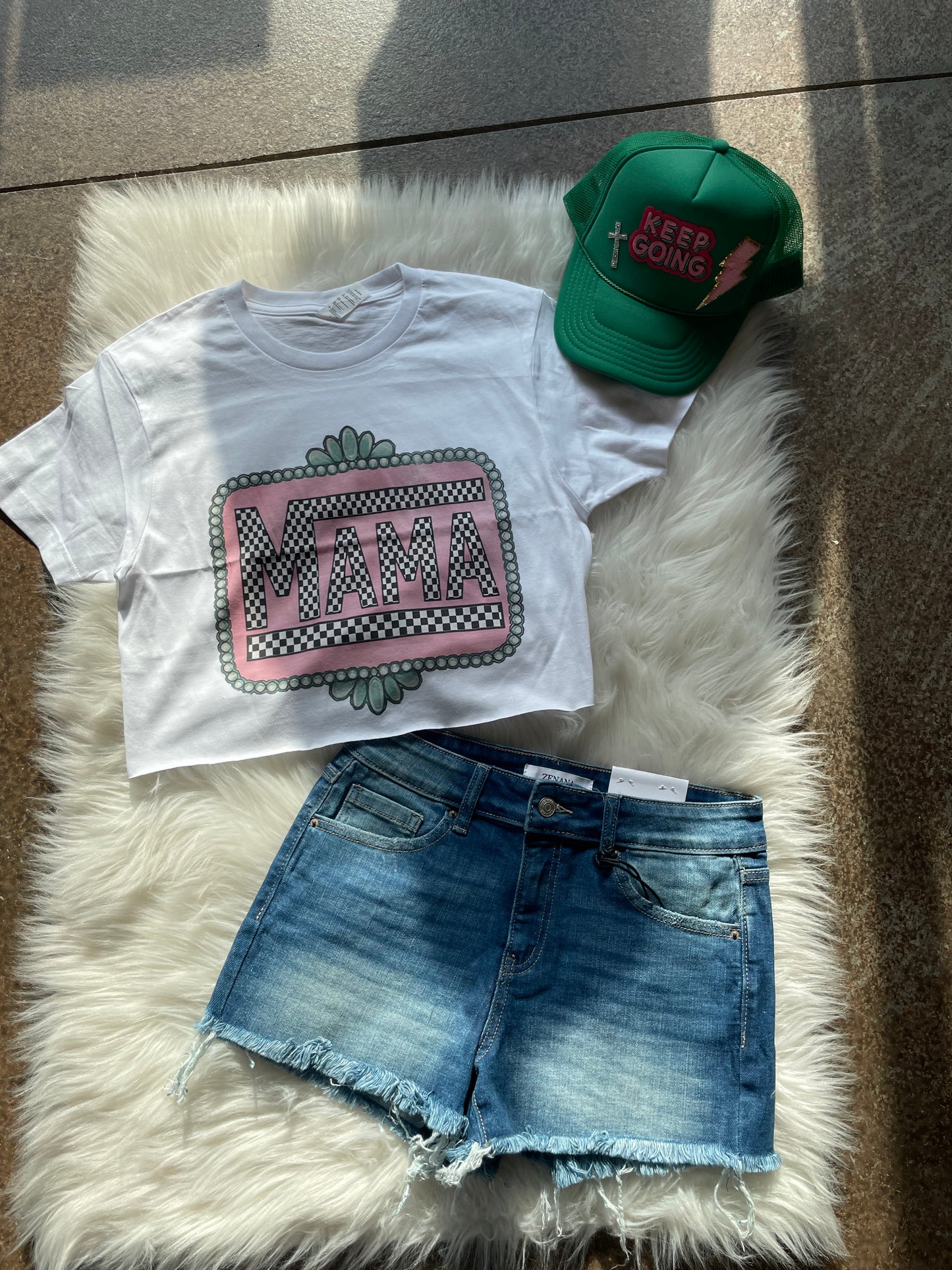 Mama Turquoise Western crop tee