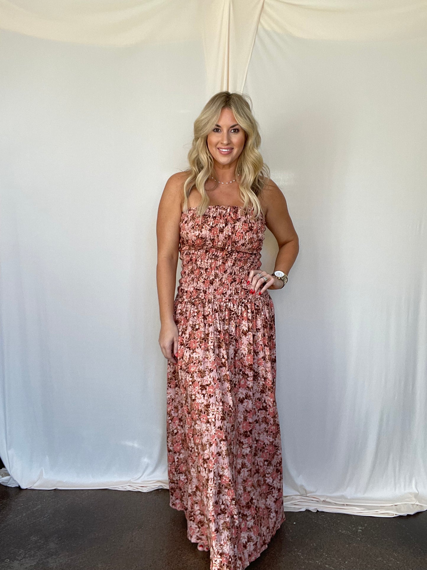 Golden Floral Smocked Maxi Dress