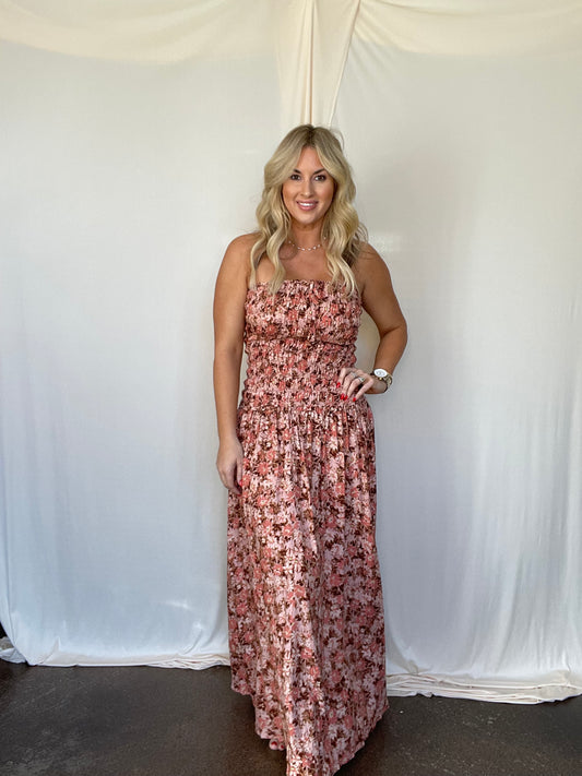 Golden Floral Smocked Maxi Dress