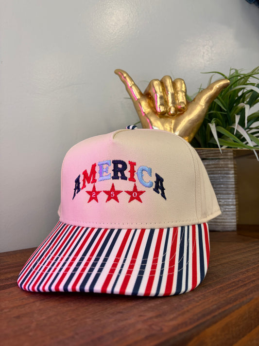 Stripe bill embroidered America 250 hat.