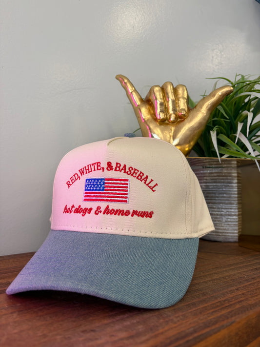 Red White & Baseball Hat with denim bill.
